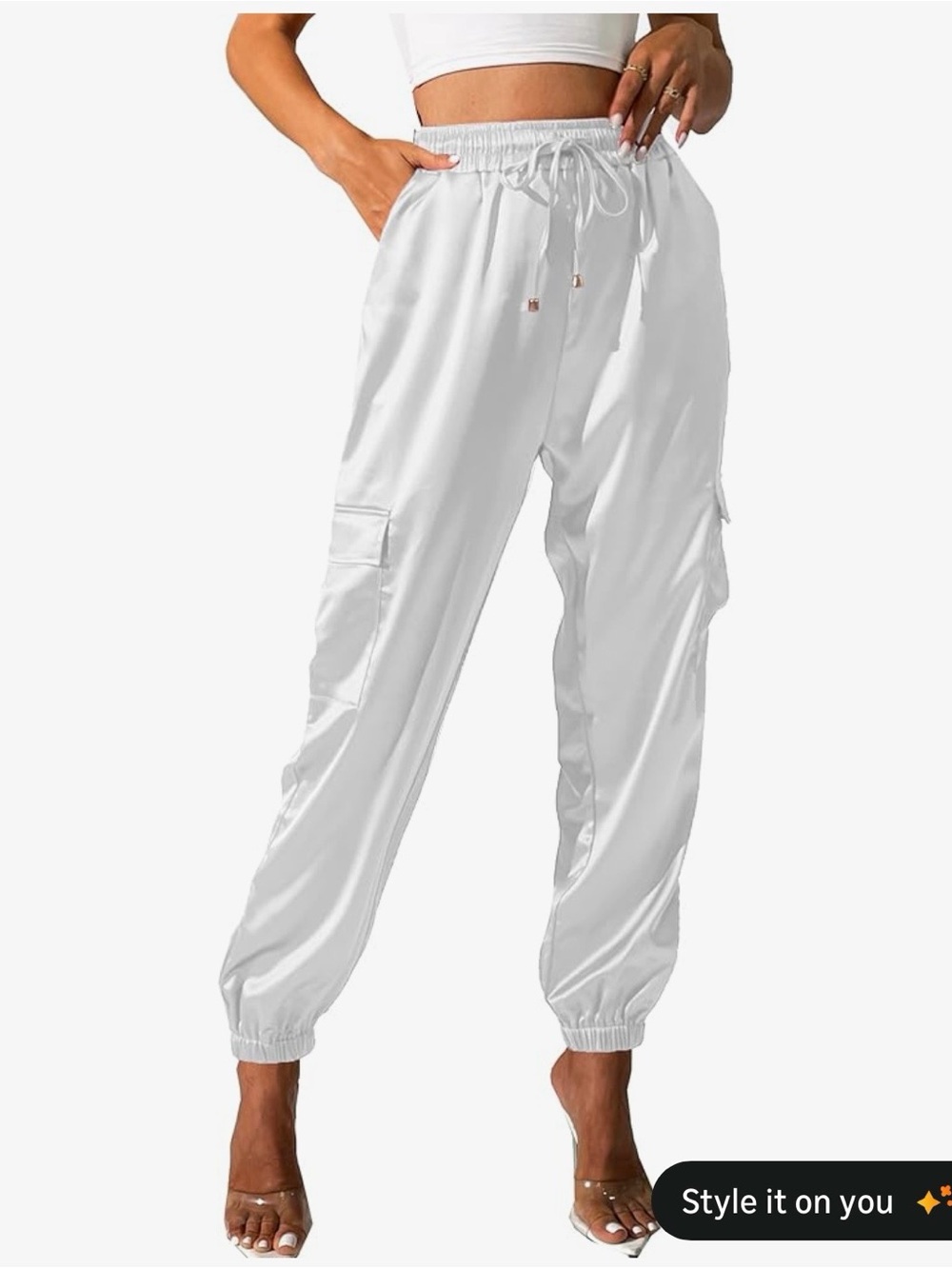 hei pei wa Satin Cargo Jogger Pants with Drawstring Waist - White